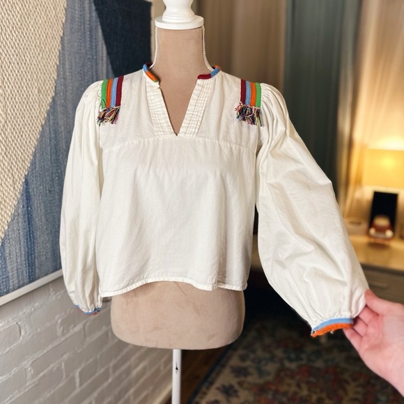 Urban Outfitters 100% Cotton White Babydoll Blouse with Rainbow Trim - Picture 1 of 8